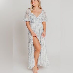 Daphne High Slit Eyelet Detail Maxi Dress in Blue and White Floral
